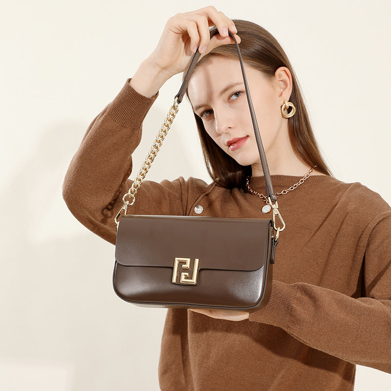 Genuine Leather Crossbody Bag with Chain Strap - Women's Luxury Handbag