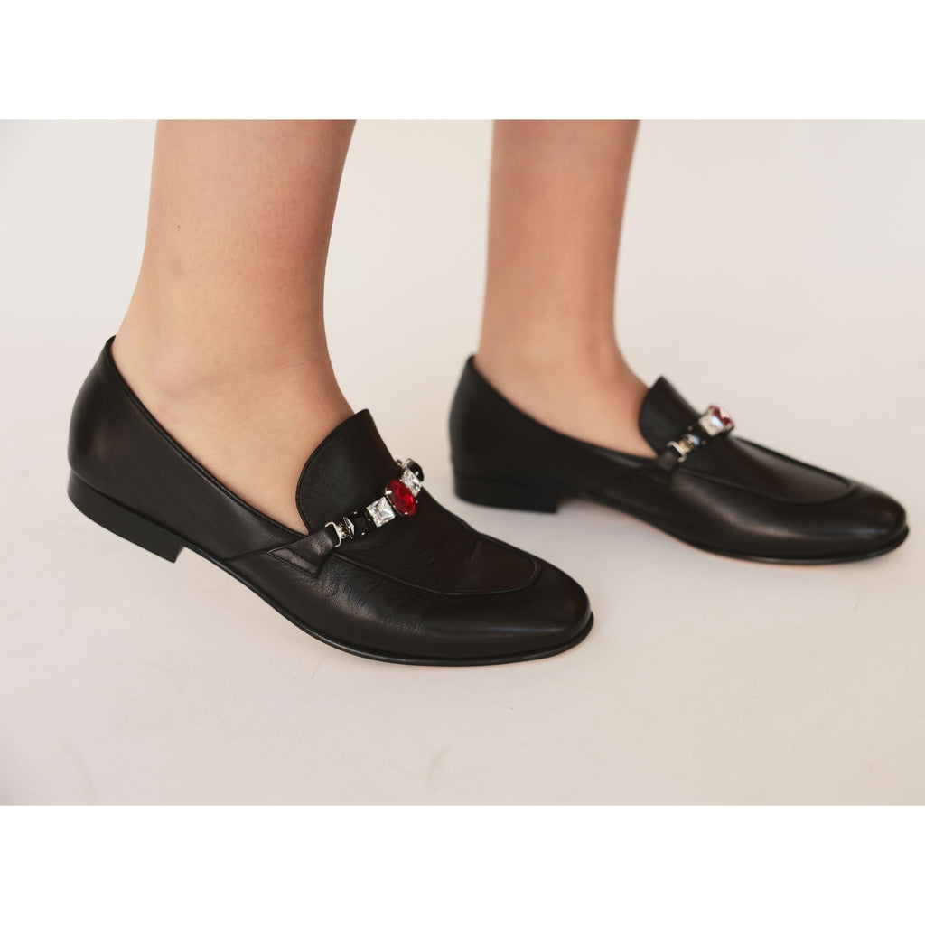 Blue Leather Flat Jeweled Loafer