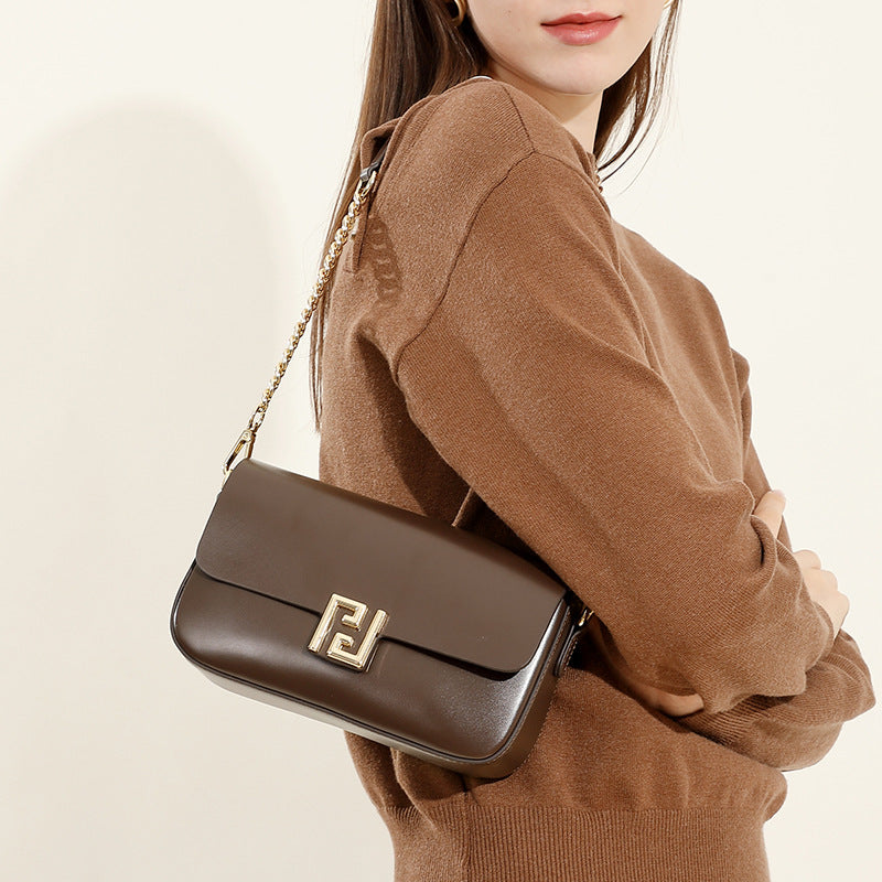 Genuine Leather Crossbody Bag with Chain Strap - Women's Luxury Handbag